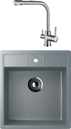 Комплект Мойка кухонная Ulgran U-406 -309 темно-серая + Смеситель Kaiser Merkur 26044-5 серебро матовая, прямоугольная
