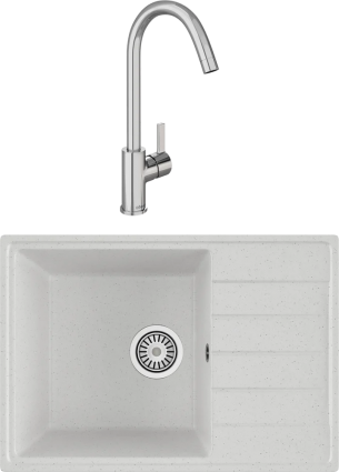 Комплект Мойка кухонная Domaci Палермо PR-600-001 белая + Смеситель Ливорно глянцевая, прямоугольная