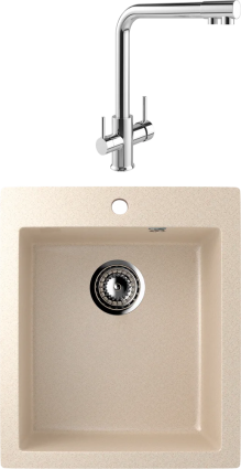 Комплект Мойка кухонная Ulgran U-404 -328 бежевая + Смеситель MEGA Life MG-TK05 хром матовая, прямоугольная