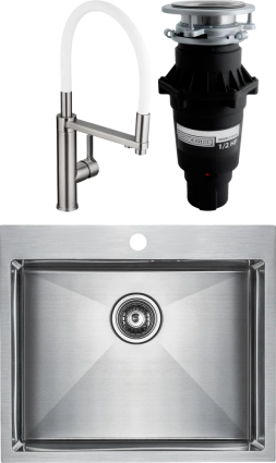 Комплект Мойка кухонная Paulmark Isar PM805951-BS брашированная нержавеющая сталь + Смеситель Swedbe Selene Plus 8641 белый, нержавеющая сталь + Измельчитель Bone Crusher BC 810-SL Slim Line, прямоугольная