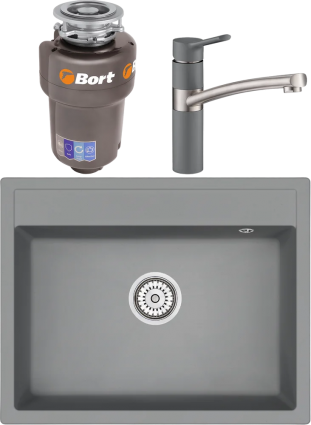 Комплект Мойка кухонная Emar Quartz + Смеситель 3011.9 Алмаз + Измельчитель Bort Titan Max Power матовая, прямоугольная