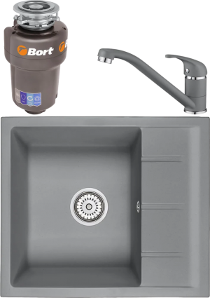 Комплект Мойка кухонная Emar Quartz + Смеситель 3009.9 Алмаз + Измельчитель Bort Titan 5000 Control матовая, прямоугольная