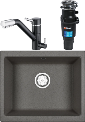 Комплект Мойка кухонная Emar Quartz + Смеситель 3008.12 Оникс + Измельчитель Bort Titan 7000 матовая, прямоугольная