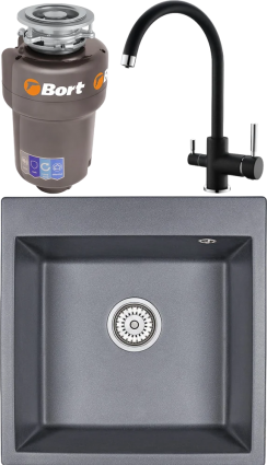 Комплект Мойка кухонная Emar Quartz + Смеситель 3007.12 Оникс + Измельчитель Bort Titan 5000 Control матовая, квадратная