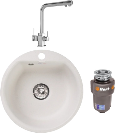 Комплект Мойка кухонная GranFest Smart SM 435 белый + Смеситель MEGA Life MG-TK06 хром + Измельчитель Bort Titan Max Power матовая, круглая