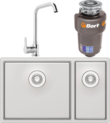 Комплект Мойка кухонная Florentina Оптима OHM.460/220.400 + Смеситель MEGA Ege MG-PL10 хром + Измельчитель Bort Titan 5000 матовая, прямоугольная