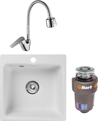 Комплект Мойка кухонная GranFest Smart SM 430 белый + Смеситель Rossinka S S35-26 с гибким изливом + Измельчитель Bort Titan 5000 Control, матовая, квадратная