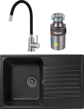 Комплект Мойка кухонная GranFest Quarz Z78 черный + Смеситель ESKO Snake K44 B хром, черный, с гибким изливом + Измельчитель Bort Titan 4000 Plus, матовая, прямоугольная