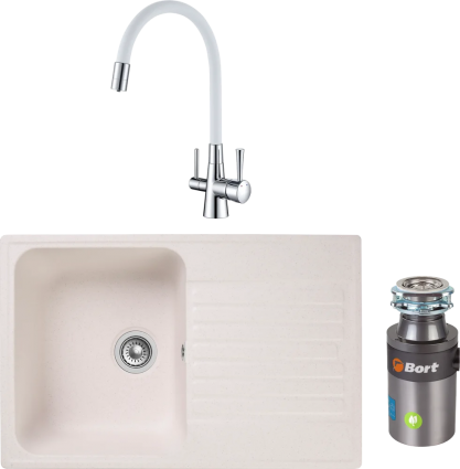 Комплект Мойка кухонная GranFest Quarz Z78 белый + Смеситель Lemark Comfort LM3075C-White с гибким изливом, хром, белый + Измельчитель Bort Titan 4000 Control, матовая, прямоугольная