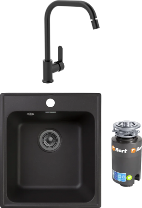 Комплект Мойка кухонная GranFest Quarz Z17 черный + Смеситель MEGA City MG- ZRV104-B черный + Измельчитель Bort Titan 4000 матовая, прямоугольная