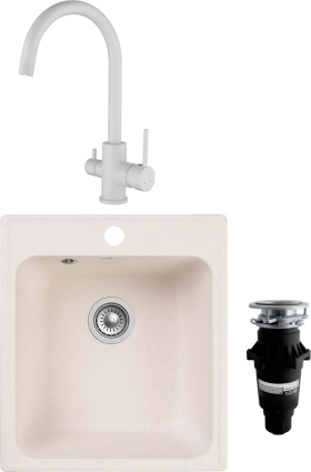 Комплект Мойка кухонная GranFest Quarz Z17 белый + Смеситель Kaiser Merkur 26744-4 белый + Измельчитель Bone Crusher BC 810-SL Slim Line матовая, прямоугольная