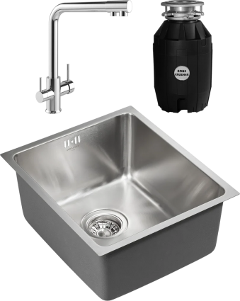 Комплект Мойка кухонная Paulmark Vista PM904438-BS брашированная нержавеющая сталь + Смеситель MEGA Life MG-TK05 хром + Измельчитель Bone Crusher BC 810-AS прямоугольная,  в современном стиле