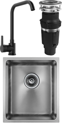 Комплект Мойка кухонная Paulmark Vista PM904438-BS брашированная нержавеющая сталь + Смеситель MEGA Ege MG-PL10-B черный + Измельчитель Bone Crusher BC 610-AS прямоугольная,  в современном стиле