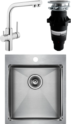 Комплект Мойка кухонная Paulmark Neckar PM804551-BS брашированная нержавеющая сталь + Смеситель VitrA Split A42144EXP + Измельчитель Bone Crusher BC 810-SL Slim Line прямоугольная,  в современном стиле