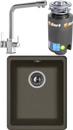Комплект Мойка кухонная Florentina Вега 300 антрацит + Смеситель MEGA Life MG-TK06 хром + Измельчитель Bort Titan 4000 матовая, прямоугольная