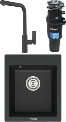 Комплект Мойка кухонная Point Динара 42 черная + Смеситель PN3102 черный + Измельчитель Bort Titan 7000 матовая, прямоугольная