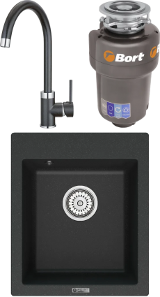 Комплект Мойка кухонная Point Динара 42 черная + Смеситель PN3101 черный + Измельчитель Bort Titan 5000 Control матовая, прямоугольная
