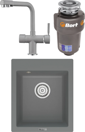 Комплект Мойка кухонная Point Динара 42 серая + Смеситель PN3104 серый + Измельчитель Bort Titan 5000 матовая, прямоугольная