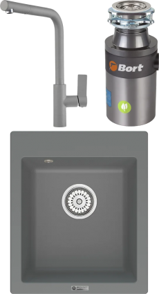 Комплект Мойка кухонная Point Динара 42 серая + Смеситель PN3102 серый + Измельчитель Bort Titan 4000 Control матовая, прямоугольная