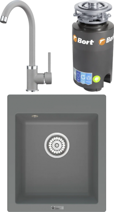 Комплект Мойка кухонная Point Динара 42 серая + Смеситель PN3101 серый + Измельчитель Bort Titan 4000 матовая, прямоугольная
