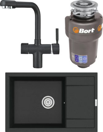 Комплект Мойка кухонная Point Велета 78 черная + Смеситель PN3104 черный + Измельчитель Bort Titan Max Power матовая, прямоугольная