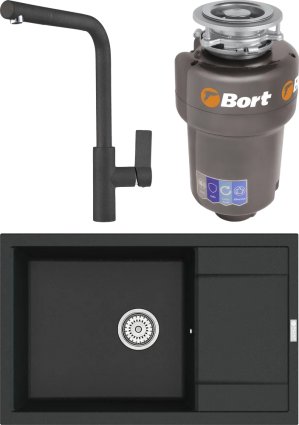 Комплект Мойка кухонная Point Велета 78 черная + Смеситель PN3102 черный + Измельчитель Bort Titan 5000 Control матовая, прямоугольная