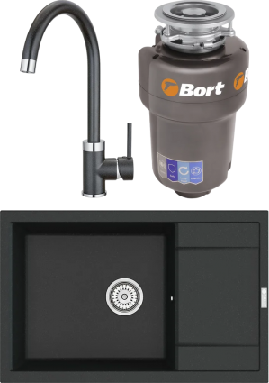 Комплект Мойка кухонная Point Велета 78 черная + Смеситель PN3101 черный + Измельчитель Bort Titan 5000 матовая, прямоугольная
