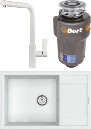 Комплект Мойка кухонная Point Велета 78 белая + Смеситель PN3102 белый + Измельчитель Bort Titan Max Power FullControl матовая, прямоугольная