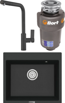 Комплект Мойка кухонная Point Бинга 60 черная + Смеситель PN3102 черный + Измельчитель Bort Titan 5000 матовая, прямоугольная