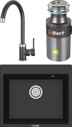 Комплект Мойка кухонная Point Бинга 60 черная + Смеситель PN3101 черный + Измельчитель Bort Titan 4000 Plus матовая, прямоугольная