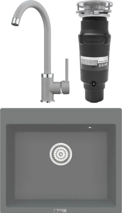 Комплект Мойка кухонная Point Бинга 60 серая + Смеситель PN3101 серый + Измельчитель Bone Crusher BC 910-SL-Slim Line матовая, прямоугольная