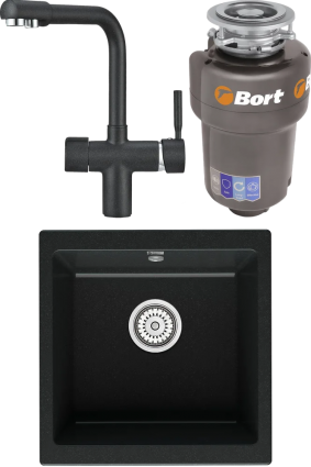 Комплект Мойка кухонная Point Бату 45 черная + Смеситель PN3104 черный + Измельчитель Bort Titan 5000 Control матовая, квадратная