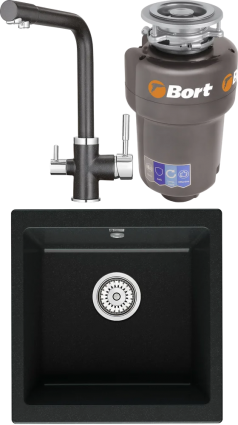 Комплект Мойка кухонная Point Бату 45 черная + Смеситель PN3103 черный + Измельчитель Bort Titan 5000 матовая, квадратная