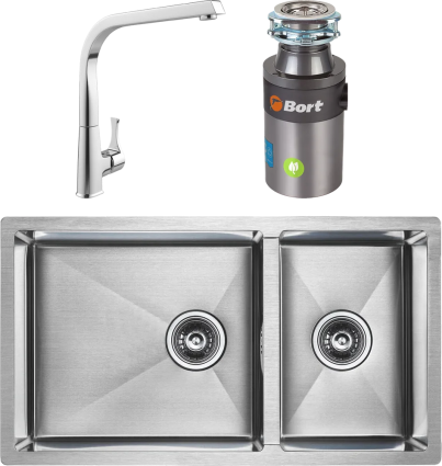 Комплект Мойка кухонная Paulmark Axel PM227844-BS брашированная нержавеющая сталь + Смеситель MEGA Mega + Измельчитель Bort Titan 4000 Plus прямоугольная,  в современном стиле
