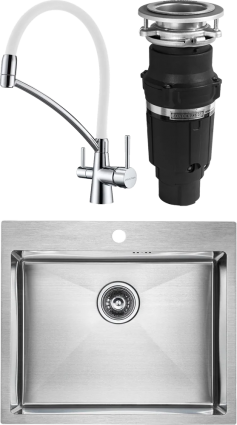 Комплект Мойка кухонная Paulmark Brim PM215951-BS брашированная нержавеющая сталь + Смеситель Siegen Si213111-CRw хром, с гибким изливом + Измельчитель Bone Crusher BC 610-AS, прямоугольная