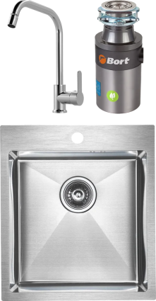 Комплект Мойка кухонная Paulmark Favore PM214551-BS брашированная нержавеющая сталь + Смеситель MEGA City MG- ZRV104 хром + Измельчитель Bort Titan 4000 Plus прямоугольная,  в современном стиле