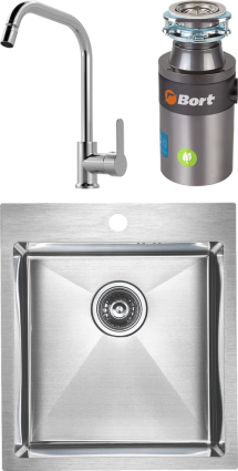 Комплект Мойка кухонная Paulmark Favore PM214551-BS брашированная нержавеющая сталь + Смеситель MEGA City MG- ZRV104 хром + Измельчитель Bort Titan 4000 Control прямоугольная,  в современном стиле