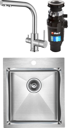 Комплект Мойка кухонная Paulmark Favore PM214551-BS брашированная нержавеющая сталь + Смеситель Essen 213011-СR хром + Измельчитель Bort Master Eco прямоугольная,  в современном стиле