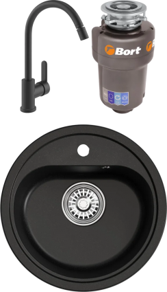 Комплект Мойка кухонная Mixline ML-GM10 ультра-черная + Смеситель MEGA City MG-ZRV102-b черный + Измельчитель Bort Titan Max Power FullControl матовая, круглая
