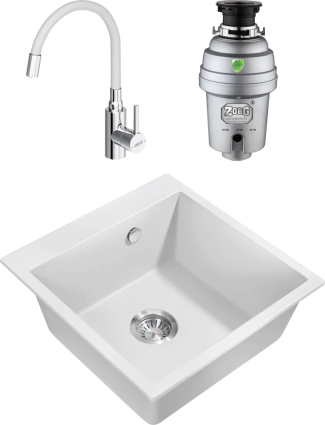 Комплект Мойка кухонная Milacio Murcia Cuarzo 51 MC.77022 белая + Смеситель Dorff Logic D3007633 хром, белый, с гибким изливом + Измельчитель Zorg Inox D, матовая, квадратная