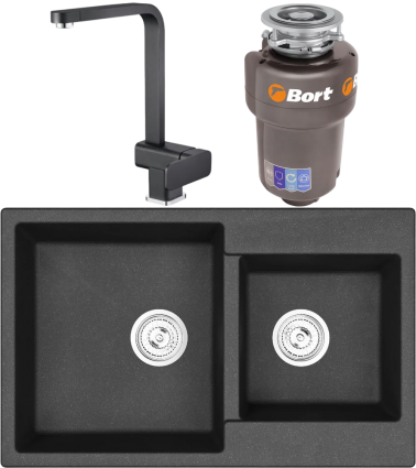 Комплект Мойка кухонная Emar Quartz + Смеситель 3014.12 Оникс + Измельчитель Bort Titan 5000 матовая, прямоугольная