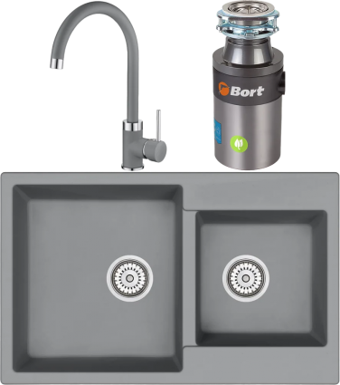 Комплект Мойка кухонная Emar Quartz + Смеситель 3004.9 Алмаз + Измельчитель Bort Titan 4000 Plus матовая, прямоугольная