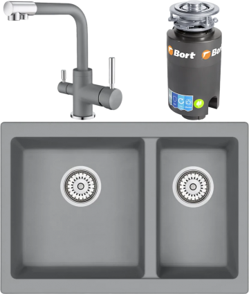 Комплект Мойка кухонная Emar Quartz + Смеситель 3003N.9 Алмаз + Измельчитель Bort Titan 4000 матовая, прямоугольная