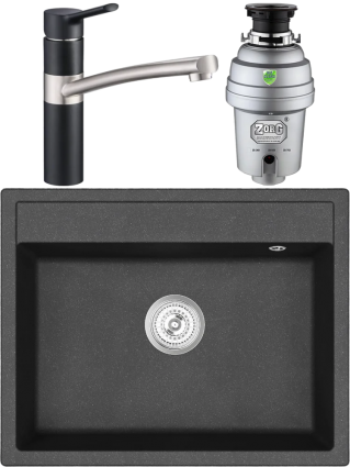 Комплект Мойка кухонная Emar Quartz + Смеситель 3011.12 Оникс + Измельчитель Zorg Inox D матовая, прямоугольная