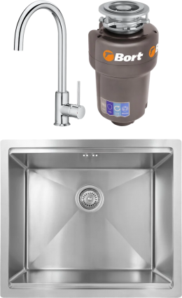 Комплект Мойка кухонная Kaiser + Смеситель Roca Etna 5A7B09C00 хром + Измельчитель Bort Titan Max Power FullControl матовая, прямоугольная