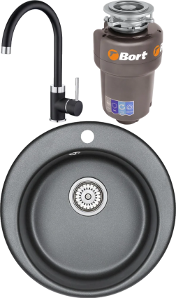 Комплект Мойка кухонная Emar Quartz + Смеситель 3004.12 Оникс + Измельчитель Bort Titan Max Power матовая, круглая
