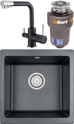 Alveus Комплект Мойка кухонная Emar Quartz + Смеситель 3003N.12 Оникс + Измельчитель Bort Titan 5000 Control матовая, квадратная