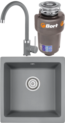 Alveus Комплект Мойка кухонная Emar Quartz + Смеситель 3004.9 Алмаз + Измельчитель Bort Titan 5000 матовая, квадратная