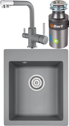 Комплект Мойка кухонная Emar Quartz + Смеситель 3003N.9 Алмаз + Измельчитель Bort Titan 4000 Control матовая, прямоугольная