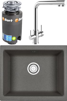 Alveus Комплект Мойка кухонная Emar Quartz + Смеситель MEGA Life MG-TK05 хром + Измельчитель Bort Titan 4000 матовая, прямоугольная